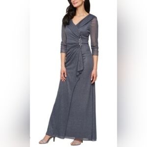 SIZE 12 ALEX EVENINGS LONG PORTRAIT COLLAR GLITTER GREY LONG DRESS